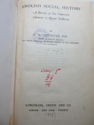 
1 D 94/1&lt;3&gt; : English social history : a survey of six centuries ; Chaucer to Queen Victoria (1945)