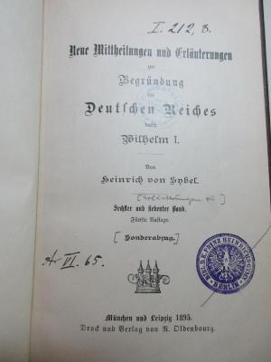 1 F 110/1 : Neue Mittheilungen und Erläuterungen zur Begründung des Deutschen Reiches durch Wilhelm I. (1895)