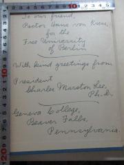 - (Geneva College Pennsylvania), Von Hand: Name, Autogramm, Ortsangabe, Widmung, Besitzwechsel; 'To our friend,
Rector Hans von Kress
for the
Free University
of Berlin
With kind greetings from
President
[?]hanles Manston Lee,
Ph. D.,
Geneva College,
Beaven Falls,
Pennsylvania'. 