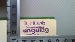 - (Marwitz, Bruno Dr. ), Stempel: Name, Ortsangabe; 'Dr. jur. B. Marwitz
Kammergerichts-Referendar
Berlin-W-Lenné-Str.'. 