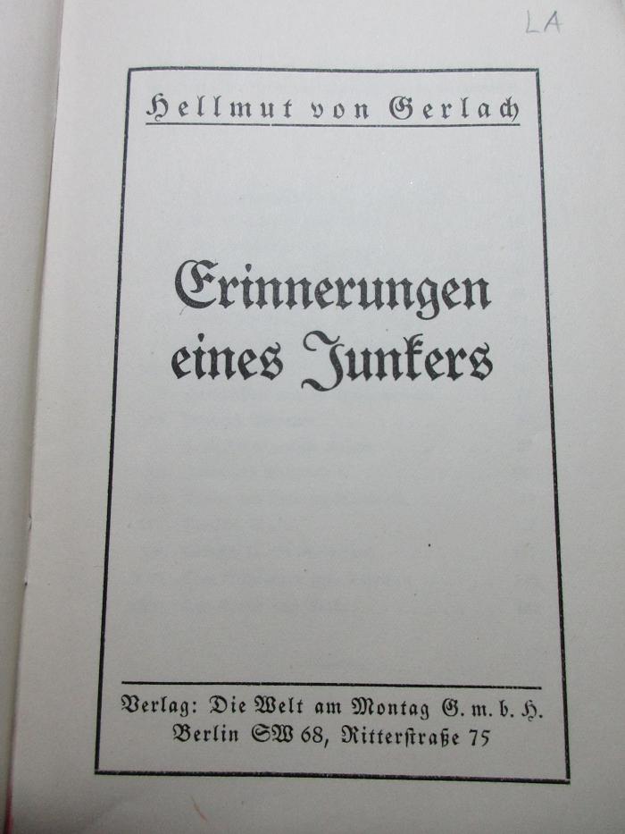 
1 F 354<a> : Erinnerungen eines Junkers (1924)</a>