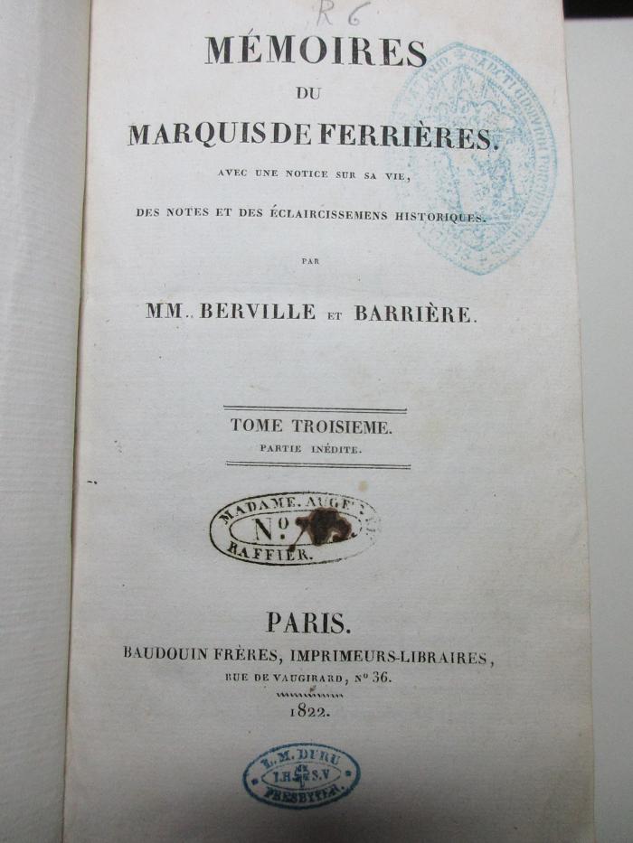 
1 F 395-3 : Mémoires du Marquis de Ferrières : avec une notice sur sa vie, des notes et des éclaircissemens historiques (1822)