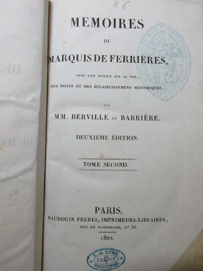 1 F 395&lt;2&gt;-2 : Mémoires du Marquis de Ferrières : avec une notice sur sa vie, des notes et des éclaircissemens historiques (1822)