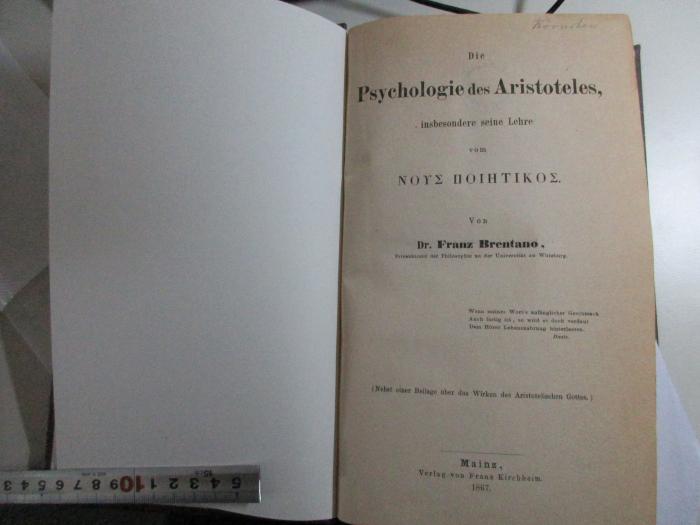 1 G 124 : Die Psychologie des Aristoteles, insbesondere seine Lehre vom nus poiētikos : nebst einer Beilage über das Wirken des Aristotelischen Gottes (1867)