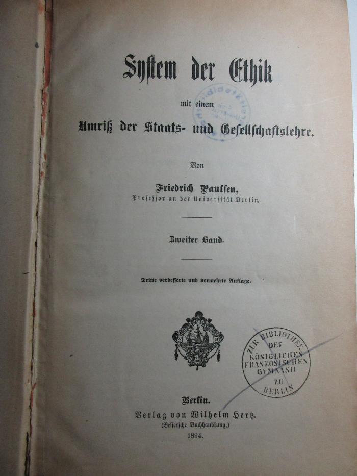 1 G 174&lt;3&gt;-2 : System der Ethik : mit einem Umriß der Staats- und Gesellschaftslehre (1894)