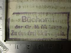- (Große National-Mutterloge Zu den drei Weltkugeln), Stempel: Name; 'Bücherei der Gr. N. M. Loge Zu den drei Welt-Kugeln'.  (Prototyp)