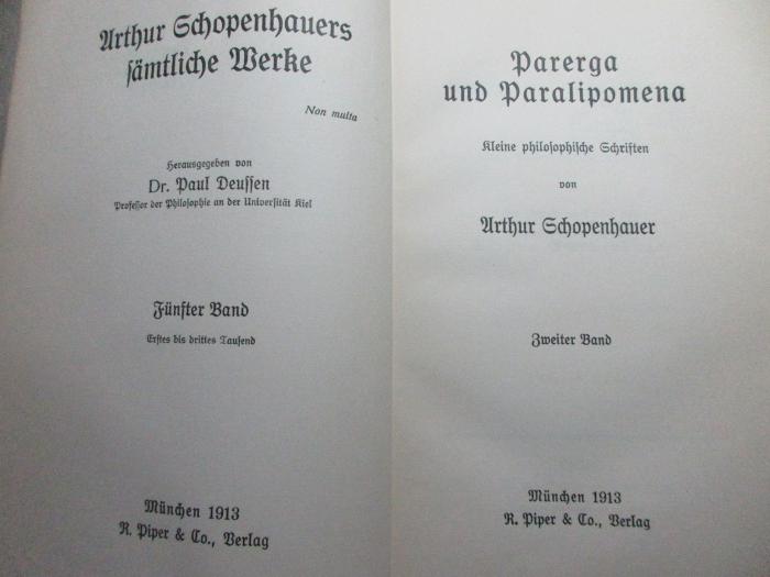 
1 G 282-5 : Parerga und Paralipomena : kleine philosophische Schriften (1913)