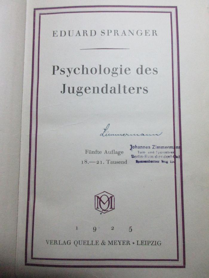 1 G 269&lt;5&gt; : Psychologie des Jugendalters (1925)