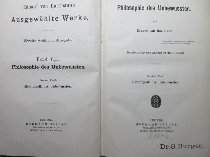 1 G 291&lt;2&gt;-8 : Philosophie des Unbewussten (1889)