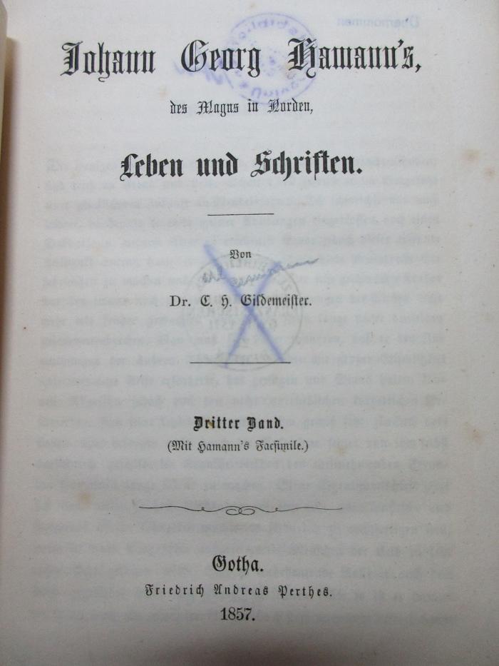 
1 G 311-3 : Johann Georg Hamann's, des Magus in Norden, Leben und Schriften (1857)