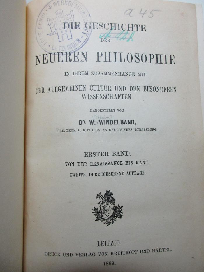 
1 G 308&lt;2&gt;-1 : Von der Renaissance bis Kant (1899)