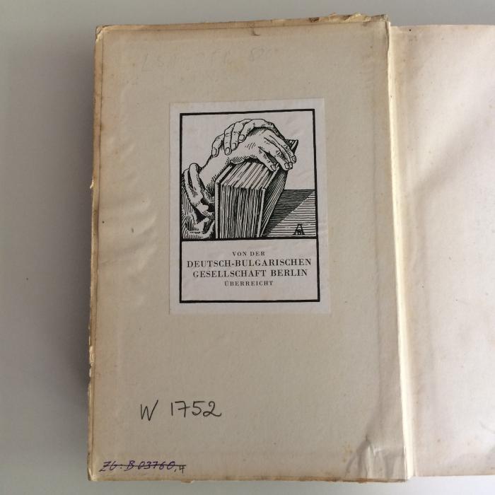 LSA OFh 820 : Bulgaria. Jahrbuch 1942 der Deutsch-Bulgarischen Gesellschaft e.V. Berlin (1942);-, Etikett: Exlibris; 'Von der Deutsch-Bulgarischesn Gesellschaft Berlin überreicht'