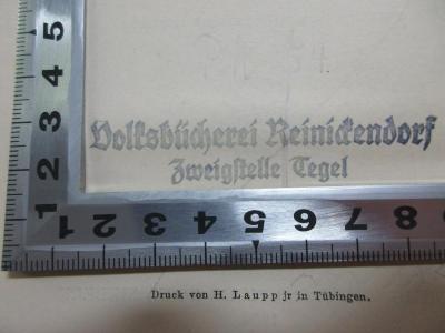 
1 G 320&lt;2a&gt; : Die Philosophie im deutschen Geistesleben des XIX. Jahrhunderts : fünf Vorlesungen (1909);- (Stadt Berlin. Bezirksamt Reinickendorf. Volksbücherei), Stempel: Name, Ortsangabe; 'Volksbücherei Reinickendorf
Zweigstelle Tegel'. 