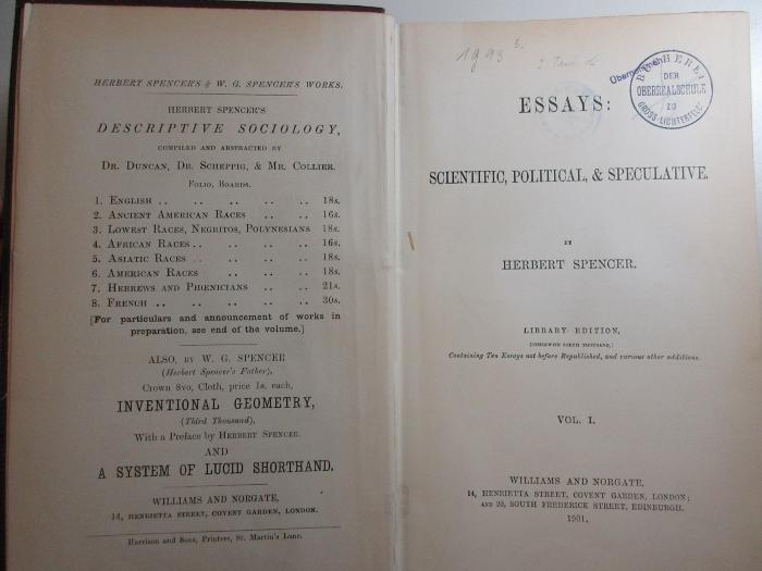 1 G 93&lt;6&gt;-1 : Essays: scientific, political &amp; speculative (1901)