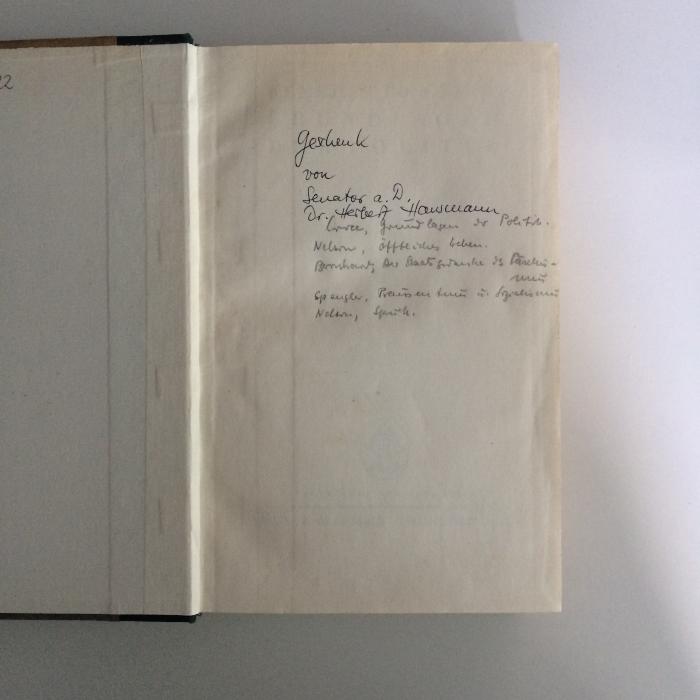 Pz 722 : Grundlagen der Politik (1924);- (Herbert Willy Hausmann), Von Hand: Widmung; 'Geschenk von Senator a. D. Dr. Herbert Hausmann'. 