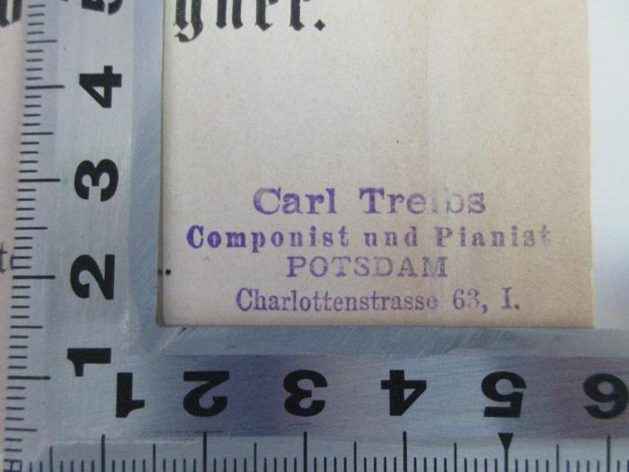 
1 H 6-1/2 : Gesammelte Schriften und Dichtungen (1880);- (Treibs, Carl), Stempel: Name, Ortsangabe; 'Carl Treibs
Componist und Pianist
POTSDAM
Charlottenstrasse 63, I.'. 