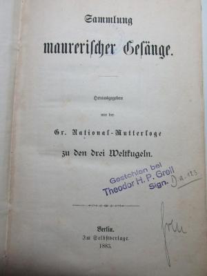 
1 G 355 : Sammlung maurerischer Gesänge (1883)