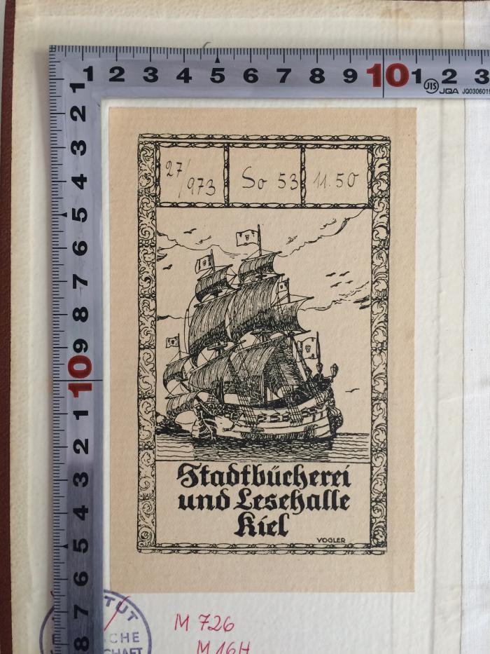 M 726 M 16H 10 (ausgeschieden) : Der Kampf um die Arbeitsfreude. Eine Untersuchung auf Grund der Aussagen von 78 Industriearbeitern und Angestellten. (1927);- (Stadtbücherei und Lesehalle Kiel), Etikett: Exlibris, Nummer; 'Stadtbücherei u. Lesehalle Kiel 27/973 So 53 11.50'. 