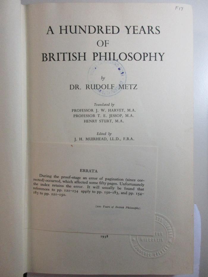 
1 G 9 : A hundred Years of British philosophy (1938)