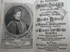 
13 F 577-111 : Europäische Staats-Cantzley : darinnen zum Behuff der neuesten politischen-, Kirchen- und Reichshistorie was sowohl in Religions-Angelegenheiten merckwürdiges vorgefallen als in Staats- und Reichs-Geschäfften vor kurztem abgehandelt worden und zum Vorschein gekommen ist (1757)