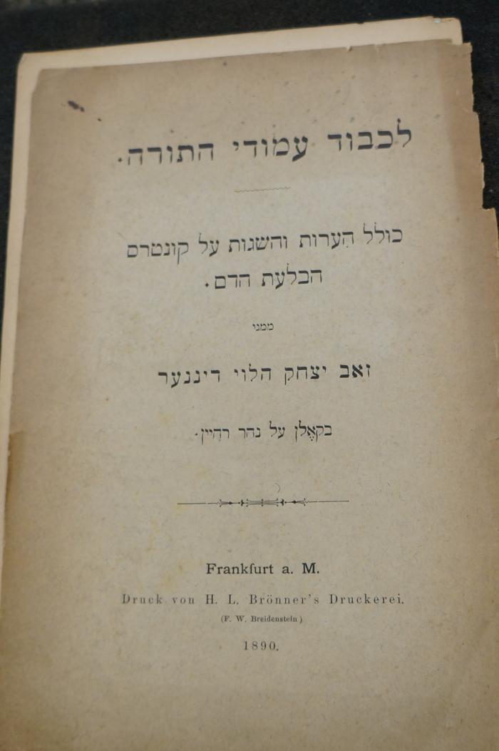 Asch1908 : לכבוד עמודי התורה : כולל הערות והשגות על קונטרס הבלעת הדם

 (1890)