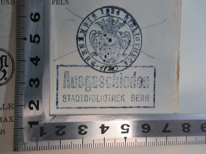 
10 F 353 : Texte und Forschungen zur englischen Kulturgeschichte : Festgabe für Felix Liebermann zum 20. Juli 1921 (1921);- (Stadtbibliothek Bern), Stempel: Name, Wappen, Besitzwechsel: makuliert, Datum; 'Bern[?]msis 1924 Biblioteca 1120
Ausgeschieden 
Stadtbibliothek Bern'. 