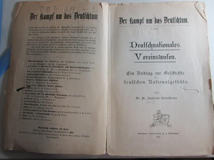 10 F 419-2 : Deutschnationales Vereinswesen : ein Beitrag zur Geschichte des deutschen Nationalgefühls (1897)