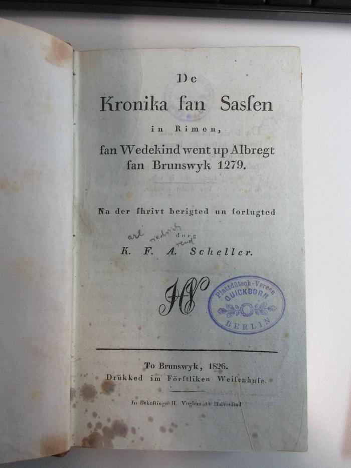 

10 F 350 : De Kronika fan Sassen in Rimen, fan Wedekind went up Albregt fan Brunswyk 1279 (1826)