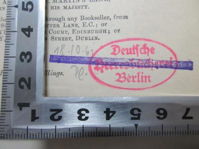 - (Deutsche Heeresbücherei (Berlin)), Stempel: Name, Ortsangabe; 'Deutsche
Heeresbücherei
Berlin'.  (Prototyp);
10 F 496-4 : Lio - Yang (1909)