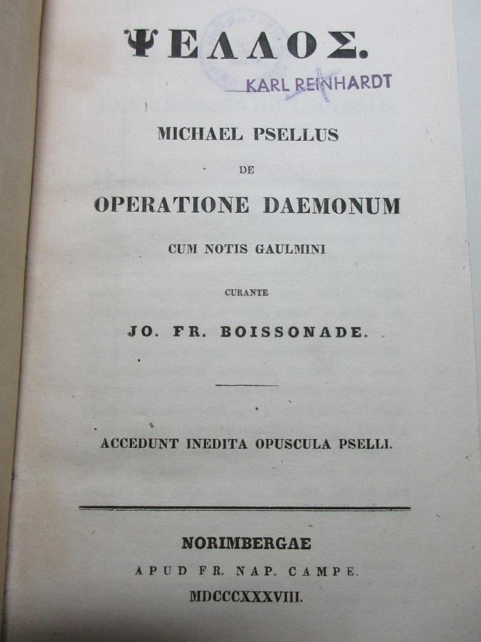 
10 G 106 : De operatione Daemonum : accedunt inedita Opuscula Pselli = Psellos (1838)