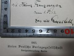 - (Franzmeyer, Heinz), Von Hand: Name, Datum, Widmung; 's./l. Heinz Franzmeyer
zum 14. F. 13.
das alte Quartett.'. 