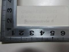 - (Reichardt, Dieter), Stempel: Name, Ortsangabe; 'Dieter Reichardt
Berlin-Steglitz
Barsekowstraße 6[?]'. 