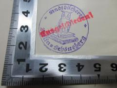 - (Stadtbücherei (Schöneberg, Berlin)), Stempel: Name, Ortsangabe, Abbildung, Berufsangabe/Titel/Branche; 'Stadtbücherei
Berlin-Schöneberg'.  (Prototyp)