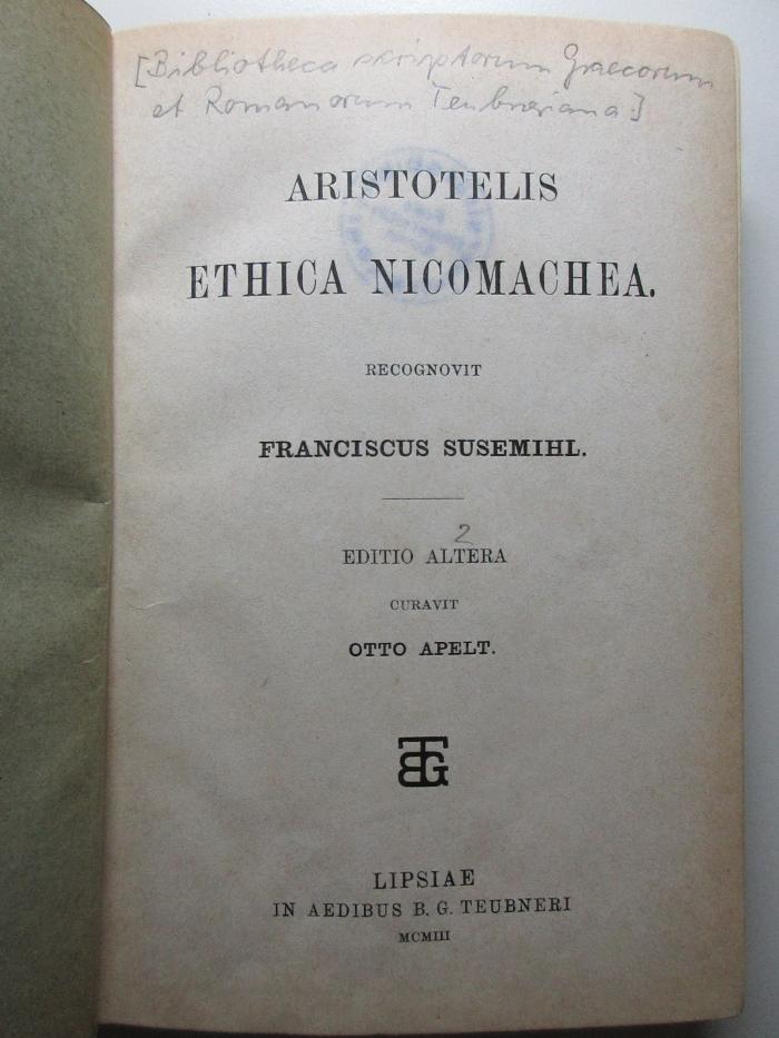 10 G 336&lt;2&gt; : Aristotelis Ethica Nicomachea (1903)