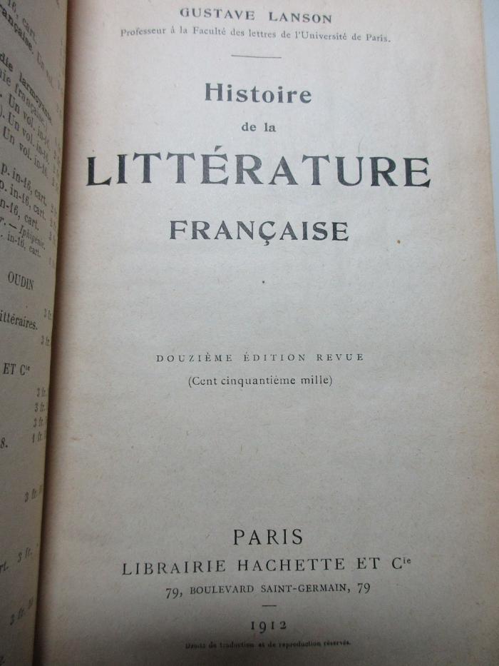 1 N 10&lt;12&gt; : Histoire de la littérature française (1912)