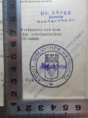 10 G 48-2 : Geschichte der Universität Heidelberg : nach handschriftlichen Quellen nebst den wichtigsten Urkunden (1864);- (Stadt-Bibliothek Graudenz), Stempel: Name, Ortsangabe, Wappen; 'Stadt-Bibliothek Graudenz.
Ausgeschieden
Znaki biblioteca [?]ni ovazniome
przezd[?] [?]jeciem
sprzedazy w kwardicie "D[?]'. 