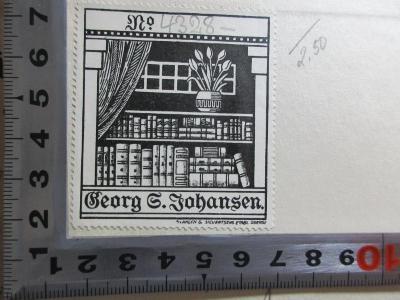
10 G 332 : Men against women : a study of sexual relations (1934);- (Johansen, Georg S.), Etikett: Exlibris, Name, Abbildung, Nummer; 'No. 4328[handschriftlich]
Georg S.[?] Johansen.
[?] Hagen &amp; Sievertsens Etabl. Odense'. 