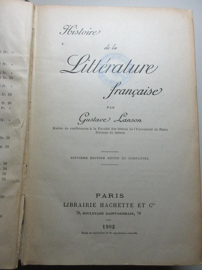 
1 N 10&lt;7&gt; : Histoire de la litterature francaise (1902)