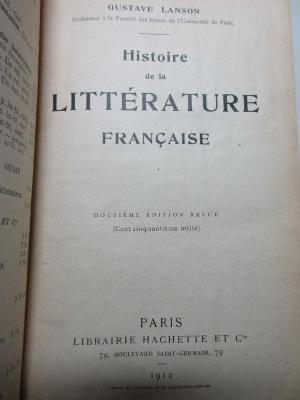 1 N 10&lt;12&gt; : Histoire de la littérature française (1912)
