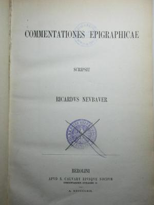 
10 K 106 : Commentationes epigraphicae (1869)