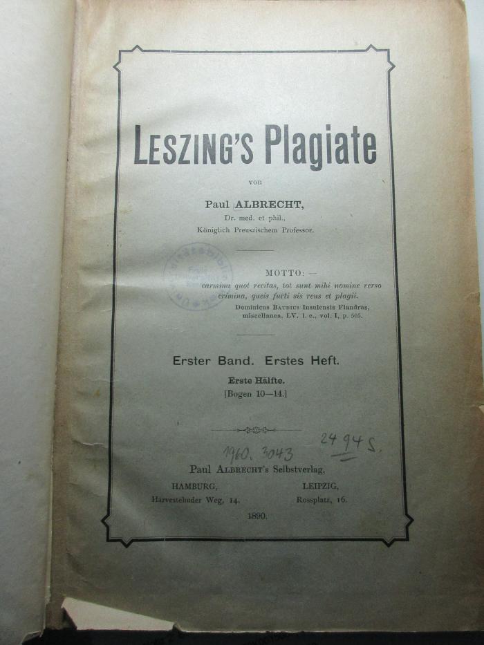 
10 I 20-1,2/4,1 : Leszing's Plagiate (1890)
