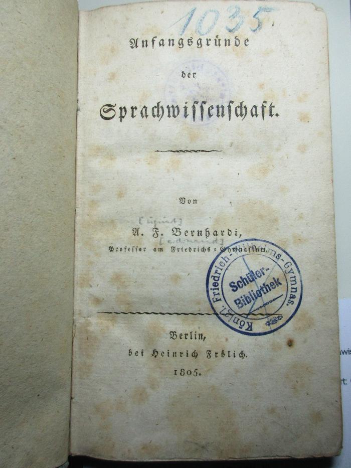 10 I 49 : Anfangsgründe der Sprachwissenschaft (1805)