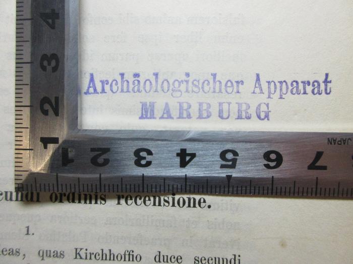 10 K 261 : Analecta Euripidea : inest supplicum fabula ad codicem archetypum recognita (1875);- (Archäologisches Institut der Universität Marburg), Stempel: Name, Ortsangabe; 'Archäologischer Apparat
Marburg'. 