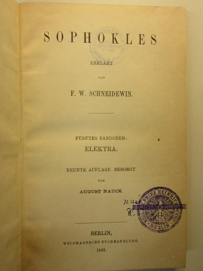 
10 K 117&lt;9&gt;-5 : Sophokles : Elektra (1893)