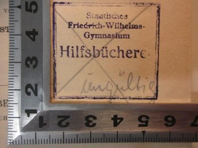 
10 K 117&lt;8&gt;-4 : Sophokles : Antigone (1880);- (Staatliches Friedrich-Wilhelms-Gymnasium Hilfsbücherei), Stempel: Name; 'Staatliches
Friedrich-Wilhelms-
Gymnasium
Hilfsbücherei'. 