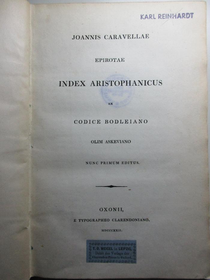 10 K 343 : Joannis Caravellae Epirotae index Aristophanicus : Ex Codice Bodleiano olim Askeviano (1822)