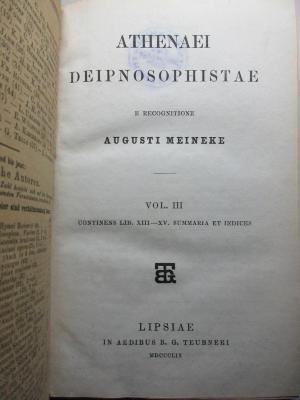 
10 K 3-3 : Athenaei deipnosophistae : Continens lib. XIII - XV (1859)