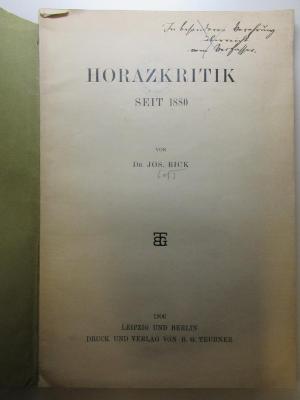 
10 K 195 : Horazkritik seit 1880 (1906)