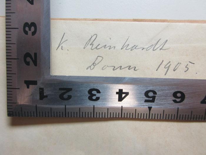 
10 K 136 : De reditibus libellus (1876);- (Reinhardt, Karl), Von Hand: Autogramm, Ortsangabe, Datum; 'K. Reinhardt
Bonn 1905.'. 
