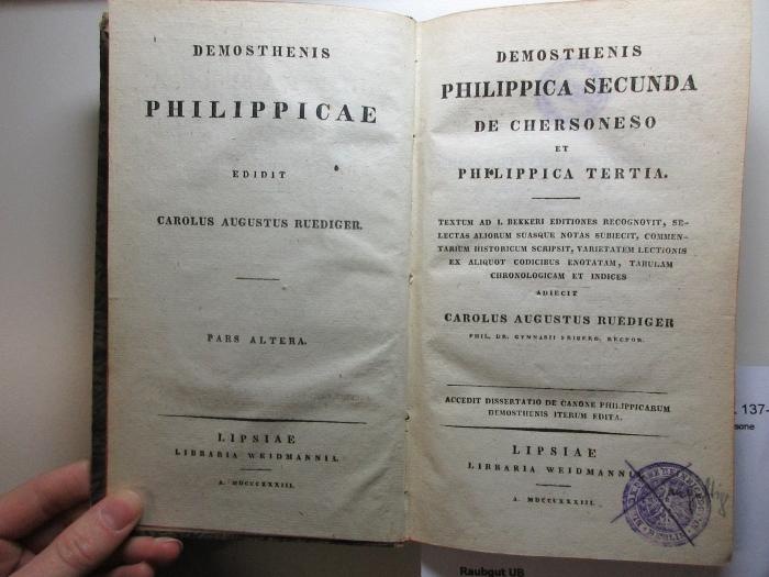 
10 K 137-2 : Demosthenis Philippicae : Philippica secunda de Chersoneso et Philippica tertia (1833)